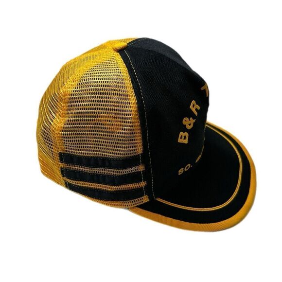 Vtg 3 Three Stripe Trucker Hat Fishing Tackle Black Yellow Snapback Mesh Cap USA - Picture 4 of 9